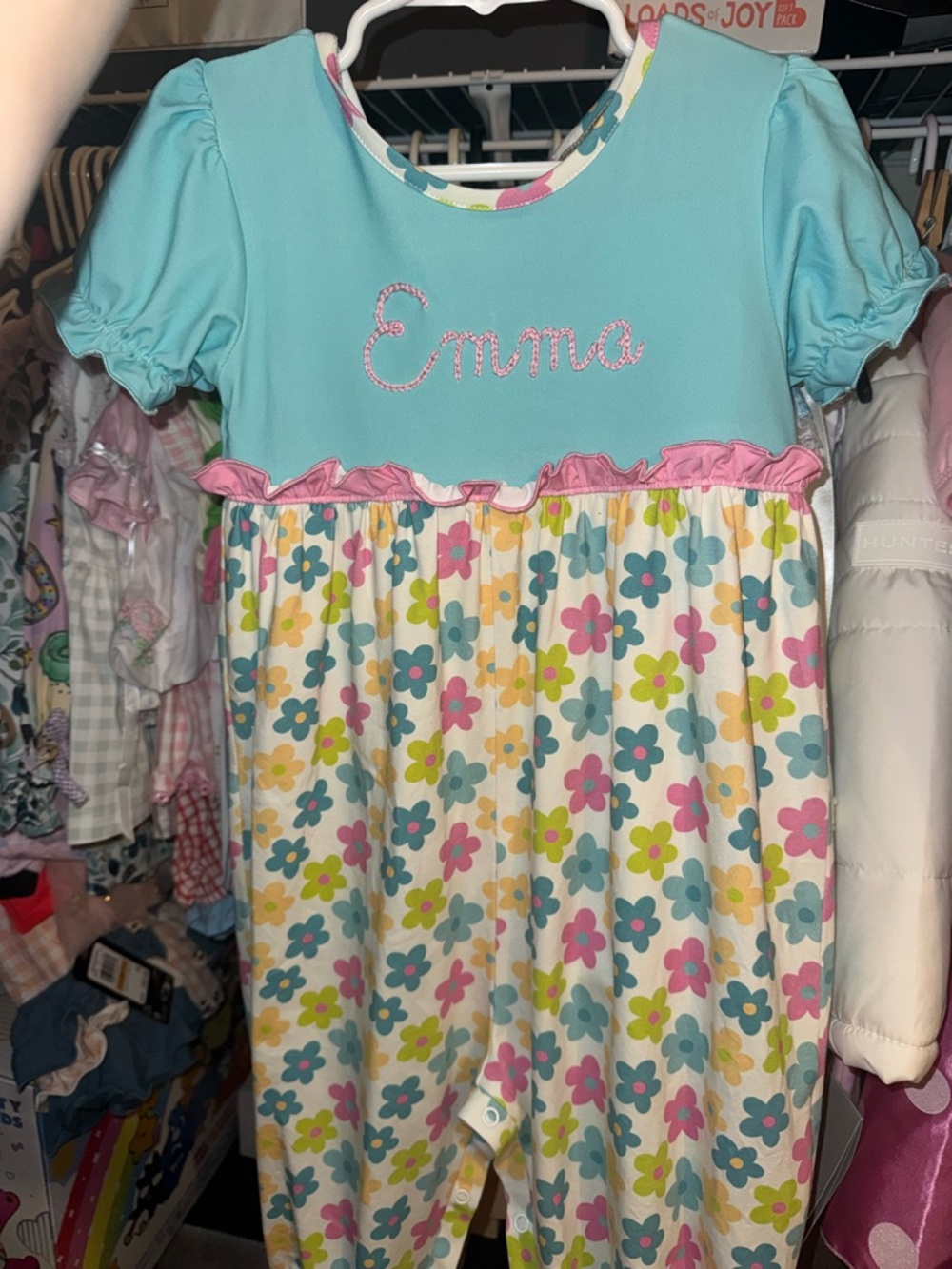 Personalized Emma Floral Romper - Aqua & Multi-Color